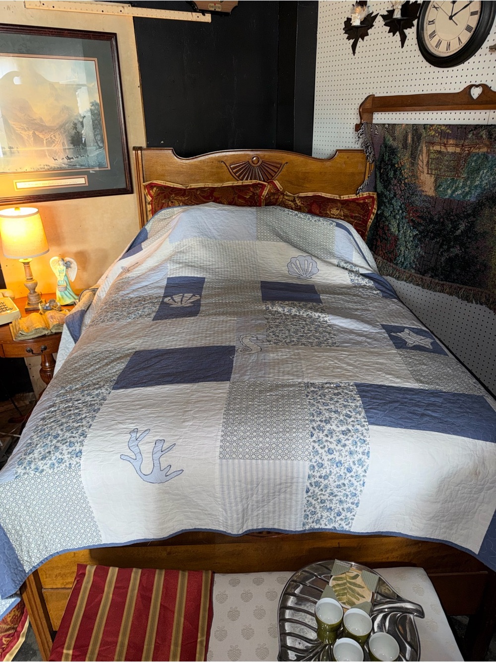 Coastal Patchwork handmade Quilt in Blue and White - Classic Home Bedding